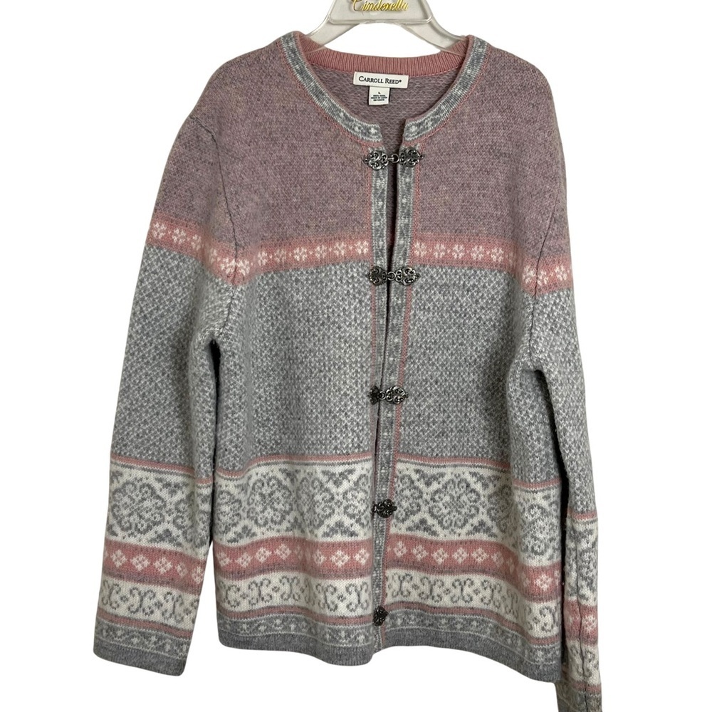Carroll‎ Reed Fair Isle Celtic Pink and Gray Wool Sweater Jacket Size XL Winter